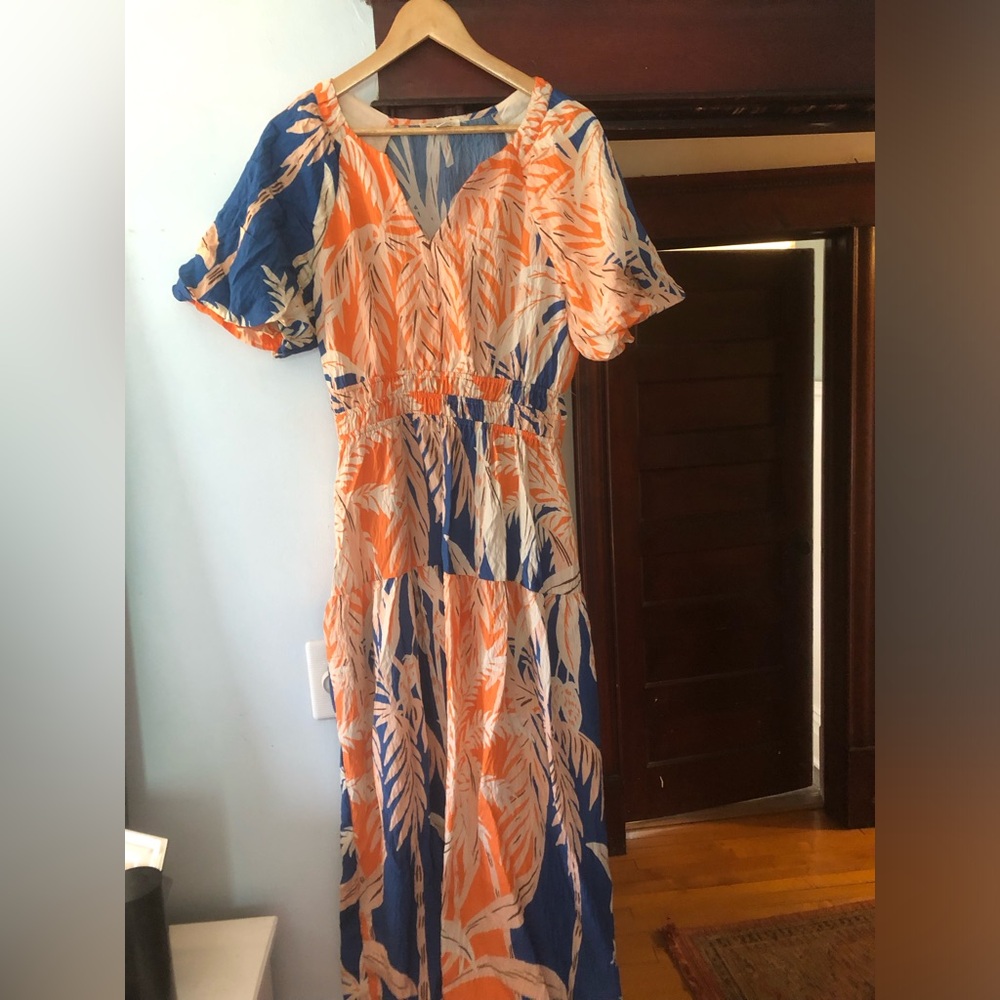 V-Neck Orange & Blue Leaf-Print Maxi Dress